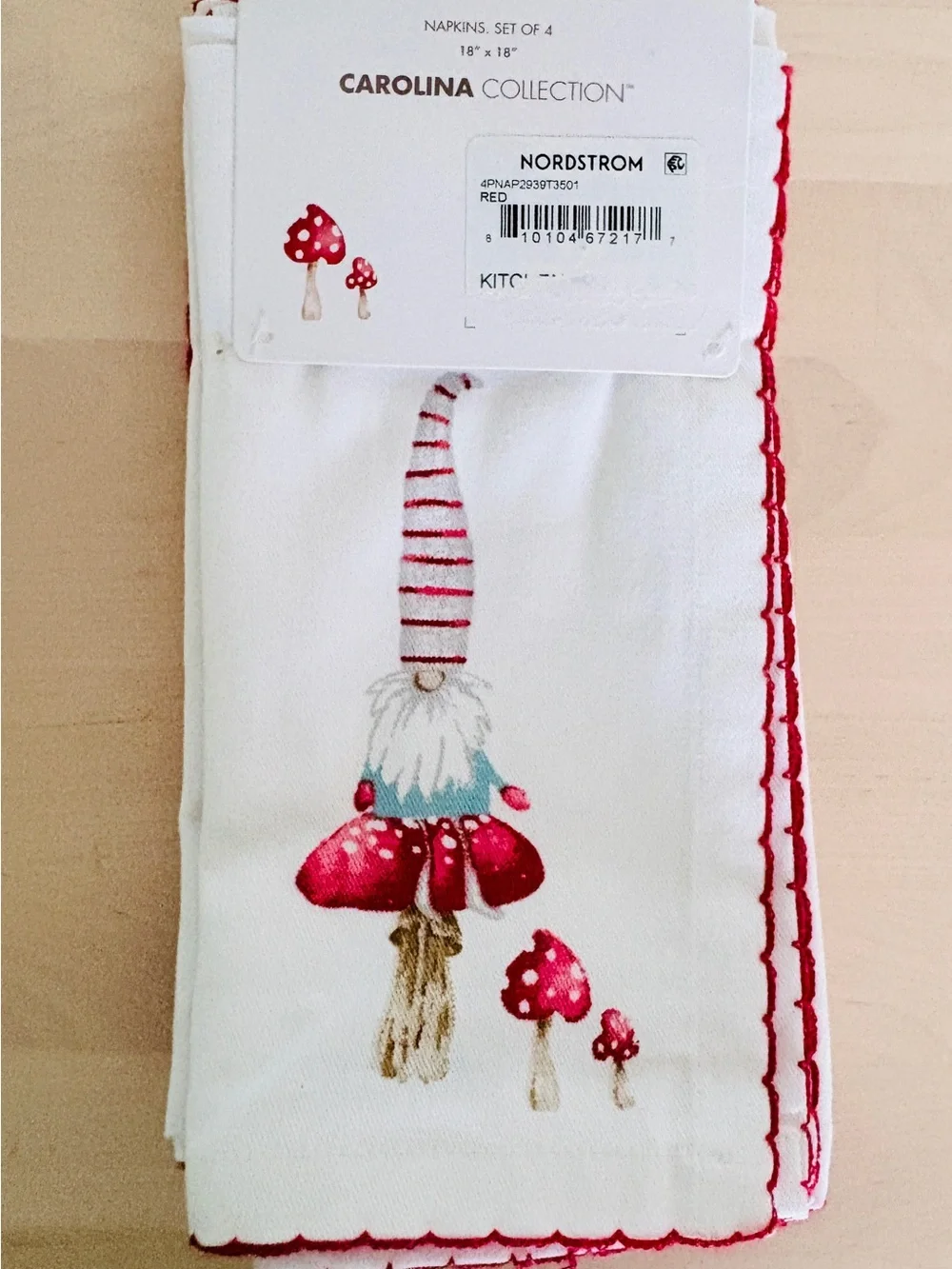 New Carolina Collection Gnome & Mushroom Napkins - set of 4 18”x18”